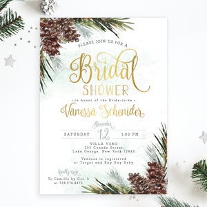 Snow in Love Winter Greenery Floral Bridal Shower Invitation Invite Gold Pink Boho Rustic Advice Recipe Set | Digital or Printed Cards