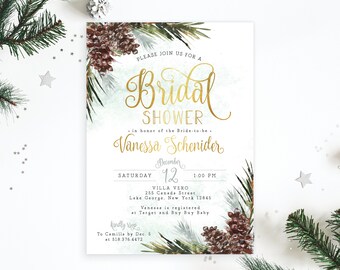 Snow in Love Winter Greenery Floral Bridal Shower Invitation Invite Gold Pink Boho Rustic Advice Recipe Set | Digital or Printed Cards