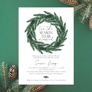 Snow in Love Winter Greenery Green Pine Wreath Bridal Shower Invitation Invite Christmas Rustic Advice Recipe Set | Digital or Printed Cards