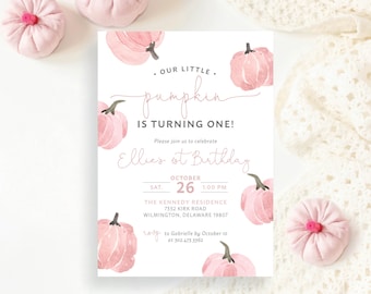 Our Little Pumpkin is Turning One Blush Pink Any Age Fall Autumn Girl First 1st Simple Birthday Party Invite Invitation | Digital or Printed