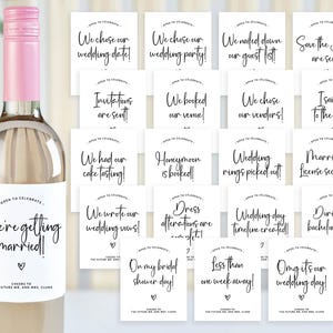 Mijlpalen bruid bruiloft planning wijn champagne fles etiketten moderne verloving bruids douche cadeau, huwelijkscadeau mand stickers, bedrukt