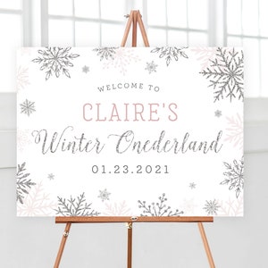 Winter Onederland Wonderland Snow Welcome Sign Large Sign, Wedding Bridal Baby Shower, Pink Silver Glitter Girl  | Digital or Printed