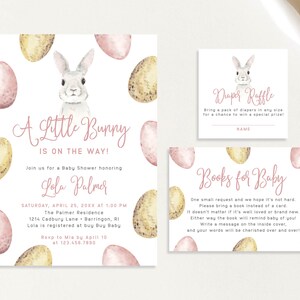 A Little Bunny is on the Way Pink Baby Girl Easter Eggs April Spring Baby Shower Invitation Set Rabbit Diaper Book Card | Digital or Printed