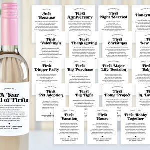 Marcos de casamento rótulos de garrafas de vinho e champanhe, chá de panela moderno presente de noivado primeiro aniversário casado noivado cesta de presente impressa