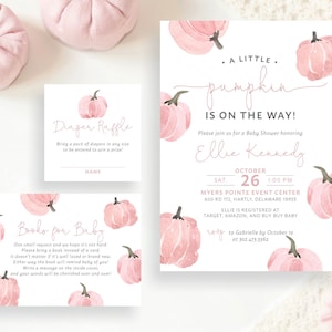 A Little Pumpkin is on the Way Fall Autumn Pink Pumpkins Girl Baby Shower Invitation Set Floral Diaper Book Card | Digital Printed Cards