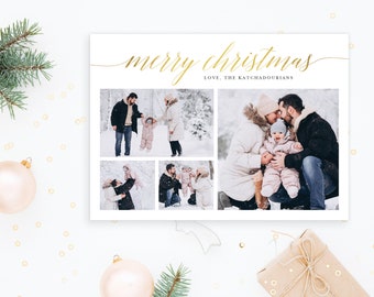 Gold Merry Christmas Happy Holidays card 4 photos collage, Family Card Gold Foil Card Simple Script Minimal | Digital or Printed Cards (302)