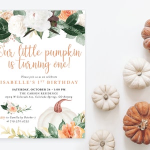 Our Little Pumpkin is Turning One Any Age Fall Autumn Boy or Girl First 1st Birthday Party Invite Invitation | Digital or Printed Cards