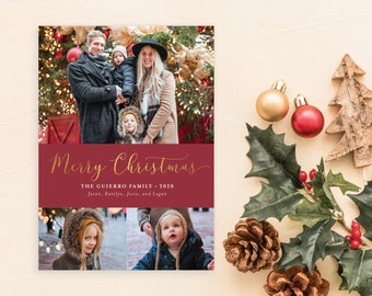 Merry Christmas Happy Holidays Holiday card with 3 Photos, Family Card, Simple Script Red Gold Greeting | Digital or Printed Cards (301)