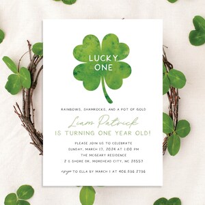 Lucky ONE First Birthday Invitation Modern Girl St. Patricks Day Birthday Time Capsule Simple First 1st Invite | Digital or Printed Cards