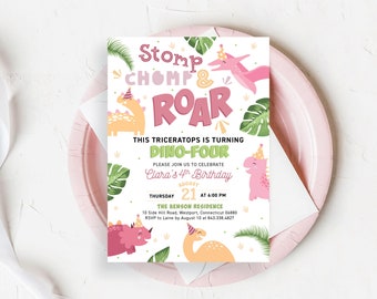 Stomp Chomp Roar DINO FOUR 4th 4 Birthday Pink Green Girl Kid Safari Dinosaur Birthday Party Invite Invitation | Digital or Printed