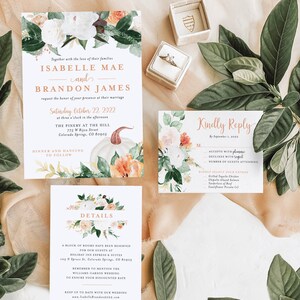 Fall Autumn Pumpkin Greenery Floral Wedding Invitation, Reply Card, and  Details Card Orange Wedding Suite Set Boho Digital or Printed Cards