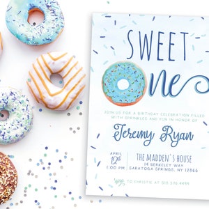 Sweet One Donut 1st First Birthday Invitation Blue Boy or Girl SEM-DON-100 | Digital or Printed Cards with envelopes