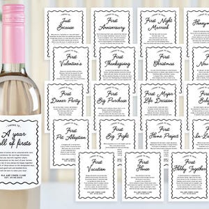 Pietre miliari del matrimonio Vino Champagne Etichette per bottiglie Matrimonio moderno Doccia nuziale Regalo nuziale Primi anni Anniversario Sposato Fidanzamento Cesto regalo Squiggle