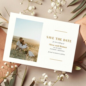 Save the Date Card with Photo Gold Simple Timeless Wedding Announcement Engagement Modern Minimal | Digital or Printed Cards (792)