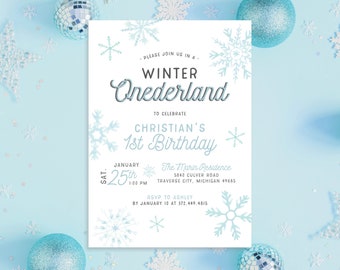 Winter Onederland Wonderland One Any Age Winter Snow Snowflakes Blue Boy Girl First 1st Birthday Party Invite Invitation |Digital or Printed