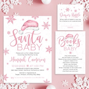 Santa Hat Baby it's Cold Outside Christmas Pink Snowflakes Shower Invitation Set Winter Holiday Diaper Book Simple |Digital or Printed Cards