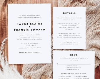 Naomi | Minimalist Wedding Invitation Reply Card and Details Card Suite Set, Timeless Simple Modern Formal Classic | Digital or Printed