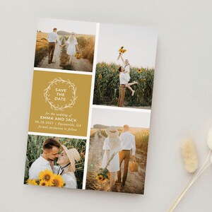 Save the Date Card Wedding Announcement Engagement Gold Floral Wreath 4 Photo Collage Simple Modern Minimal | Digital or Printed Cards (771)