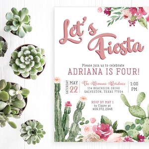 Let's Fiesta Any Age 1st Birthday Party Invite Invitation Cactus Succulents Greenery Pink Floral Plants | Digital or Printed Cards Envelopes
