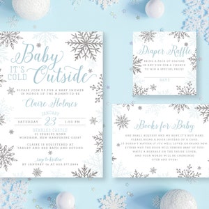 Baby it's Cold Outside Boy or Girl Baby Shower Invitation Set Winter Snowflakes Snow Holiday Blue Glitter Diaper Book Digital Printed Cards