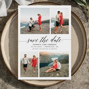 Save the Date Card Photo Collage Simple Timeless Wedding Announcement Engagement Modern Minimal Black White | Digital or Printed Cards (782)