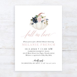 Fall in Love Autumn Pumpkin Greenery Floral Bridal Shower Invitation Invite Greenery Pink Navy Advice Recipe Set | Digital or Printed Cards
