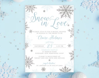 Snow in Love Winter Snowflakes Bridal Shower Invitation Invite Blue Glitter Snow Silver Advice Recipe Set | Digital or Printed Cards