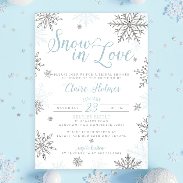 Snow in Love Winter Snowflakes Bridal Shower Invitation Invite Blue Glitter Snow Silver Advice Recipe Set | Digital or Printed Cards