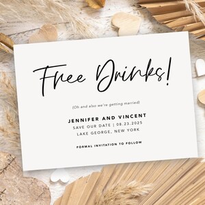 Free Drinks Save the Date Card Funny Wedding Announcement Engagement Simple Modern our Date Invitation | Digital or Printed Cards (761)