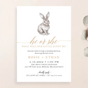 He or She What will our Little Bunny Be Easter Gender Reveal Invitation Invite Spring Gold Neutral Simple | Digital or Printed Cards