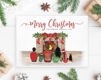 Christmas Holiday Family Portrait Illustration New Year Card Personalized Custom Sweaters Winter Pets | Digital or Printed Cards (679)