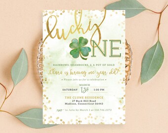 Lucky ONE First Birthday Invitation St. Patricks Day Birthday March Time Capsule Shamrocks Gold First 1st Invite | Digital or Printed Cards