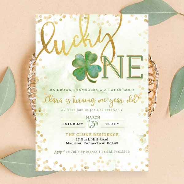 Lucky ONE First Birthday Invitation St. Patricks Day Birthday March Time Capsule Shamrocks Gold First 1st Invite | Digital or Printed Cards