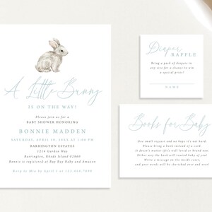 A Little Bunny is on the Way Blue Minimalist Baby Shower Invitation Set Rabbit Easter Baby Boy Boho Diaper Book Card | Digital or Printed