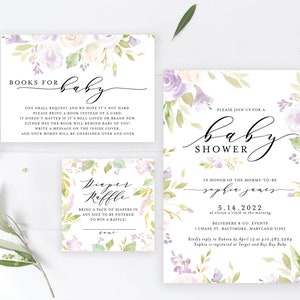 Lavender Floral Greenery Baby Shower Invitation Set Purple Spring Boho Diaper Book Card FLO-135 | Digital or Printed Cards with envelopes