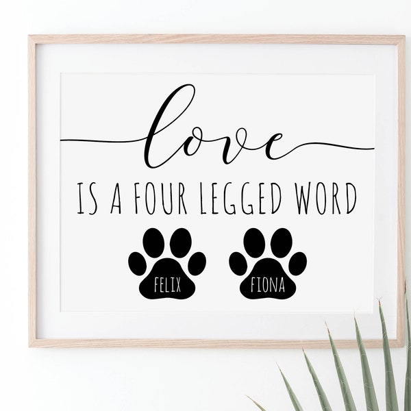 Love is a Four Legged Word Custom Personalized Printed or Digital Decor Wall Art | Dog Owner Cat Owner, Rescue Pet Owner Gift Paw Print