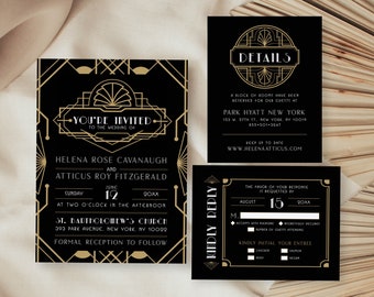 Art Deco Wedding Great Gatsby Invitation Reply Card Details Card Wedding Suite Set, Retro 20's with envelopes  | Digital or Printed Cards