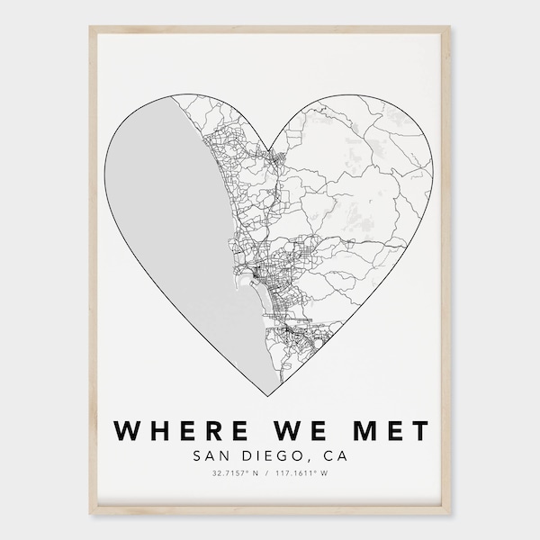 Where We Met Custom Map Wall Art Decor Print, Couple wedding bridal shower birthday gift personalized anniversary simple modern poster sign