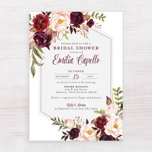 Floral Burgundy Marsala Bridal Shower Invitation Invite Moody Burgundy Boho Roses Advice Recipe Set | Digital or Printed Cards envelopes