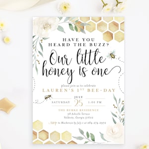Have You Heard the Buzz Our Little Honey is One First 1st ONE Birthday Party Invite Invitation Honeycomb Greenery | Digital or Printed Cards