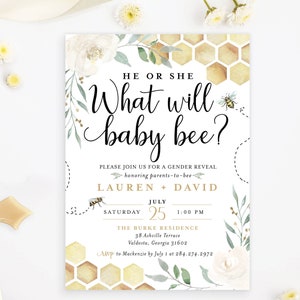 He or She What will Baby Bee? Gender Reveal Invitation, Honey Honeycomb Greenery Floral Bee Buzz | Digital or Printed Cards with envelopes