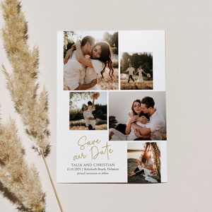 Save the Date Card 5 Photo Collage Gold Simple Timeless Wedding Announcement Engagement Modern Minimal | Digital or Printed Cards (797)