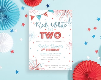 May include: Red, white, and two birthday party invitation with a red, white, and blue fireworks design. The invitation includes the text "Red, White, and Two" and "Karlee Elaine's 2nd Birthday".