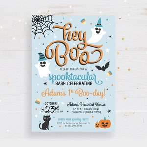 Hey Boo Pastel Halloween Spooktacular Girl or Boy Birthday Party Blue Orange Pizza Costume Carving Fall Autumn | Digital or Printed Cards