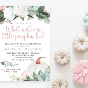 He or She What will Our Little Pumpkin Be? Gender Reveal Invitation Invite, Fall Autumn Pumpkin Floral Greenery | Digital or Printed Cards