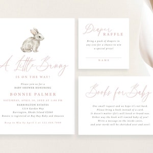 A Little Bunny is on the Way Pink Minimalist Baby Shower Invitation Set Rabbit Easter Baby Girl Simple Diaper Book Card | Digital or Printed