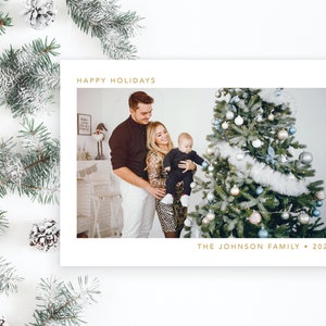 Gold Merry Christmas Happy Holidays card with Photo, Family Card, Greeting Card Simple Minimal Modern| Digital or Printed Cards (311)