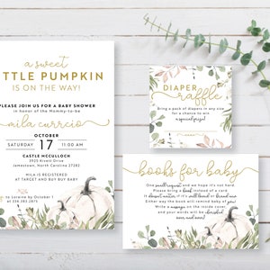 A Little Pumpkin is on the Way Greenery Fall Autumn Boy or Girl Baby Shower Invitation Set Rustic Boho Diaper Book | Digital Printed Cards