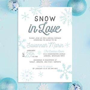 Snow in Love Winter Snowflakes Bridal Shower Invitation Invite Blue Snow Silver Advice Recipe Set Christmas Rustic |Digital or Printed Cards
