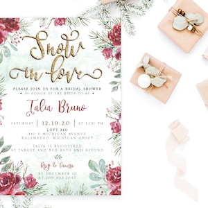 Snow in Love Winter Greenery Floral Bridal Shower Invitation Invite Gold Pink Boho Rustic Advice Recipe Set | Digital or Printed Cards
